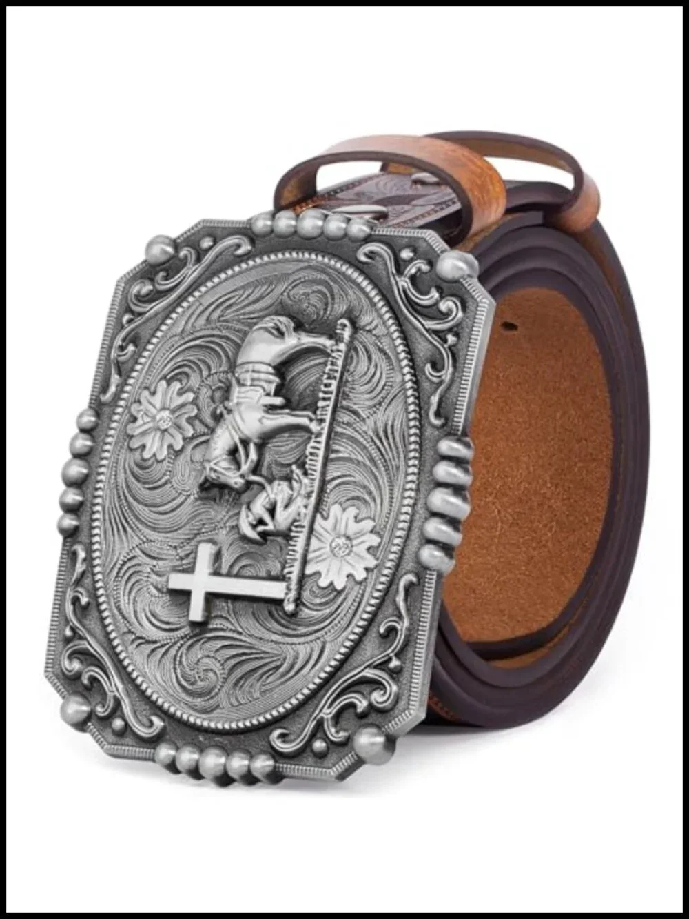 Western Cowboy Belt with Bull Horn Engraved Buckle